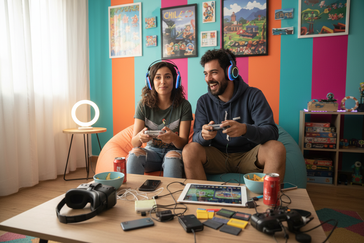 necesito imagenes de un hombre y una mujer jugando juegos y gameboys ademas que tenga audifonos o electronica  estas personas deben ser como los chilenos